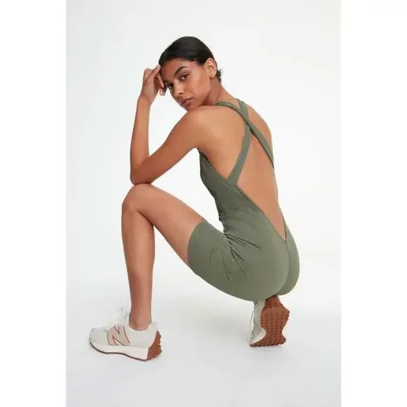TWENTY MONTREAL Colorsphere Rib Romper XS Olive Biker Unitard Criss Cross Back - Picture 2 of 10